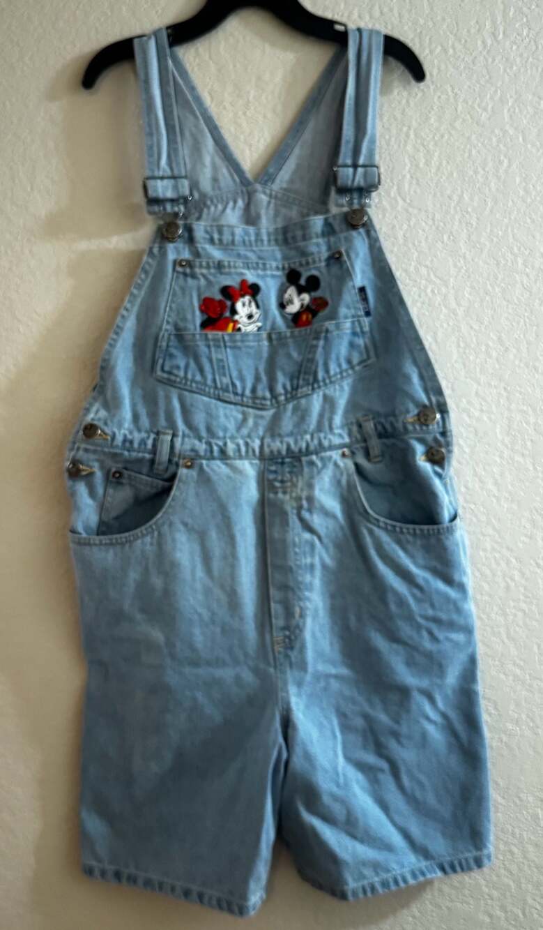 Vtg Mickey Unlimited & Minnie Mouse Embroidered Light Wash Denim Short Overalls